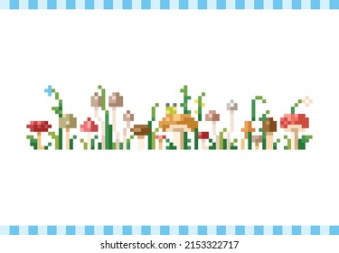 Pixel art background with grass, mushrooms and flowers. 8 bit retro game style vector texture. 