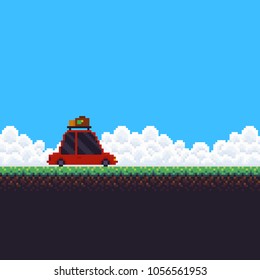 Pixel art background with grass, sky with clouds and travel car