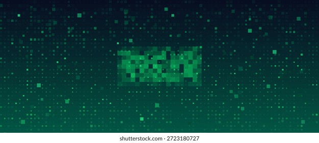 Fondo de arte de píxeles con textura de gradiente verde - patrón de mapa de bits digital con cuadrados dispersos y efecto de fallo. Pantalla retro de 8 bits con mosaico dithered y estética de panel led de estilo arcade.