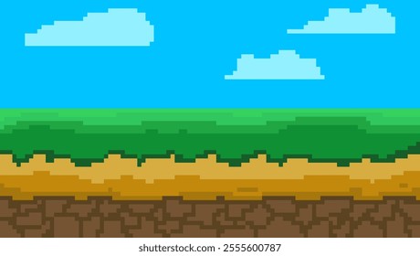 Pixel art background landscape with sky, clouds, grass and ground in retro video game style. Vector illustration