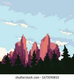 Fondo de arte de Pixel. Ubicación con montañas, sol, árboles y nubes. Paisaje para juegos o aplicaciones. 8 bits