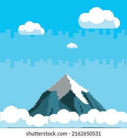 pixel art background Location with sky and mountains, clouds, ground and grass, landscape for games or applications.