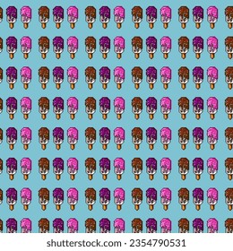 Pixel art background of lots ice cream with variation flavour on pixelated style.Pixel art,8bits perfect for game asset or design asset element for your game design asset. Background pattern.