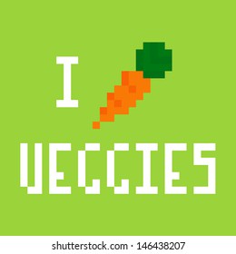 Pixel art background I love veggies, vector illustration