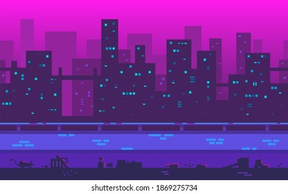 Pixel art background. Metropolis with skyscrapers in the evening. A large city with a place to move your character. Seamless vector background