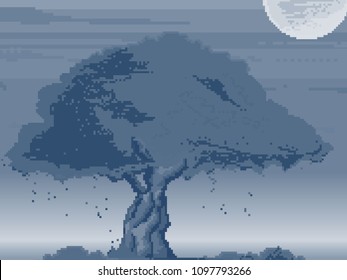 Pixel art background with moon, sakura tree, tree, leaves, pixel night sky. Pixel game background. Pixel art. 8 bit. 