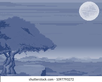 Pixel art background with moon, sakura tree, tree, leaves, pixel night sky. Pixel game background. Pixel art. 8 bit. 
