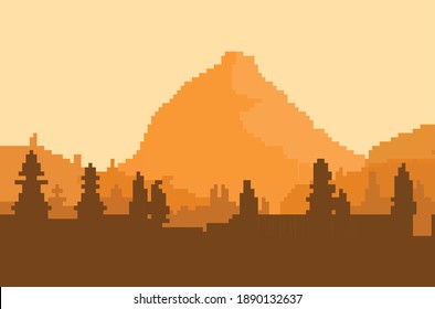 pixel art background, mountains shades in the afternoon with orange sky