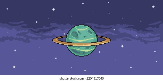 Pixel art background of planet with rings in space. Vector scene for 8bit game