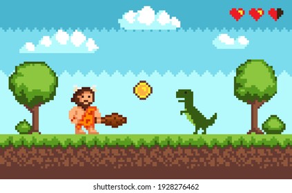 Pixel art background with primitive man and dinosaur in natural landscape. Pixelated scene with caveman, green dragon, gold coin, against background of trees and clouds. Pixel-game 8 bit retro
