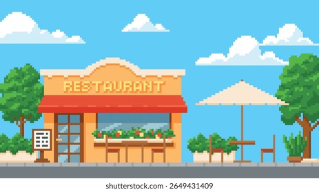 Fundo de arte pixel com fachada de construção de restaurante, mesas ao ar livre, árvores, nuvens. Diurno na cidade, imóveis, 8 bits. Interface do jogo. Estilo retrô. Ilustração vetorial.