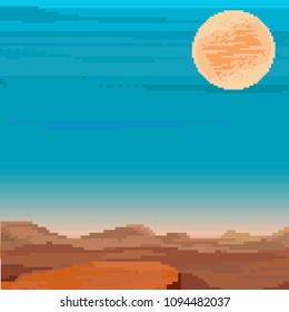 Pixel art background, retro sunrise or sunset. Background for pixel game. 8 bit.