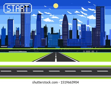 Pixel art background with road, ground, grass, sky, clouds, silhouette city, sun and start. Background for racing. 8-Bit Pixel Race Game