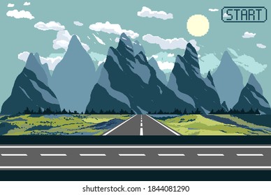 Pixel art background with road, ground, grass, sky, clouds, mountains and sun. 8 Bit background for racing. Landscape for game or application. Outdoor concept.