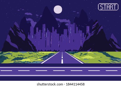 Pixel Art Background With Road, Ground, Grass, Sky, Clouds, Mountains, Silhouette City And Moon. 8 Bit Background For Racing. Landscape For Game Or Application. Outdoor Concept.