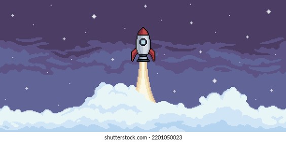 Pixel art background with rocket flying in night sky with clouds background vector for game