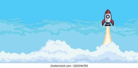 Pixelkunsthintergrund mit Raketenflug in den Himmel mit Wolkenhintergrund, Vektorgrafik für 8-Bit-Spiel