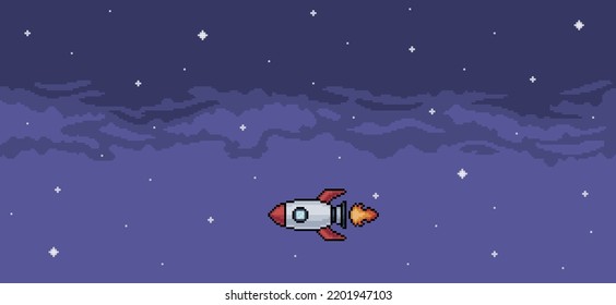 Pixel art background of rocket flying in the night sky background vector for 8 bit game