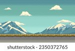 Pixel art background. Scene with snowy mountains, grass and clouds. Landscape for game or application. Retro video arcade style vector illustration.