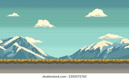 Pixel-Kunsthintergrund. Szene mit schneebedeckten Bergen, Gras und Wolken. Landschaft für Spiel oder Anwendung. Retro-Video-Arkade-Stil Vektorgrafik.