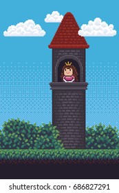 Pixel art background scene with tower, princess, grass, bushes and clouds