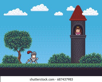 Pixel art background scene with tower, knight, princess, grass, tree, bushes and clouds