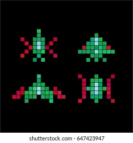 Pixel art background. Set of vector pixel spaceships. Retro video games icons. 