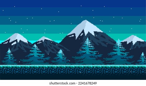 Pixel art background. Snowy mountains at night. Landscape for game or application. Seamless Vector illustration EPS 10