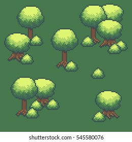Pixel art background with trees and bushes