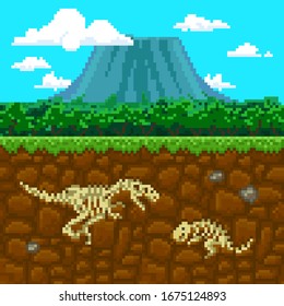 Pixel Art Background With Volcano Mountain, Clouds, Grass, And Dinosaur Bones Underground. Side View