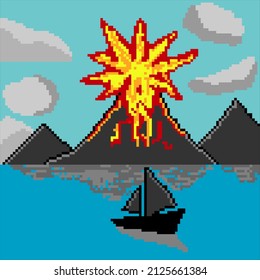 Pixel art background with volcano mountain, clouds, sea and  boat
