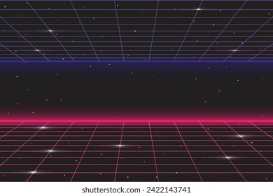 Pixel art background.8 bit game. retro game. for game assets in vector illustrations. Retro Futurism Sci-Fi Background. glowing neon grid. and stars from vintage arcade comp