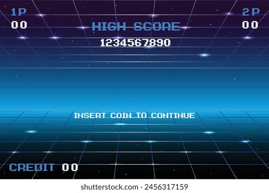 Pixel art background.8 bit game. retro game. for game assets in vector illustrations. Retro Futurism Sci-Fi Background. glowing neon grid. and stars from vintage arcade comp