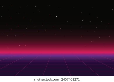 Pixel art background.8 bit game. retro game. for game assets in vector illustrations. Retro Futurism Sci-Fi Background. glowing neon grid. and stars from vintage arcade comp