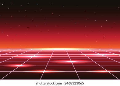 Pixel art background.8 bit game. retro game. for game assets in vector illustrations. Retro Futurism Sci-Fi Background. glowing neon grid. and stars from vintage arcade comp