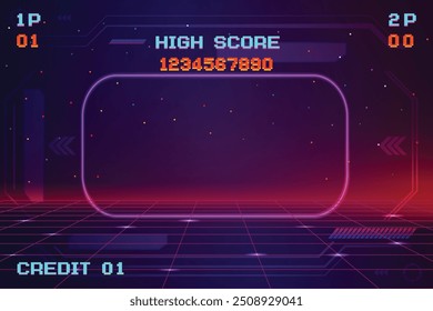 Pixel art background.8 bit game. retro game. para recursos do jogo em ilustrações vetoriais. Futurismo retrô Sci-Fi fundo. grade de néon brilhante. e estrelas de vintage arcade comp