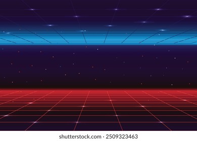 Pixel art background.8 bit game. retro game. for game assets in vector illustrations. Retro Futurism Sci-Fi Background. glowing neon grid. and stars from vintage arcade comp