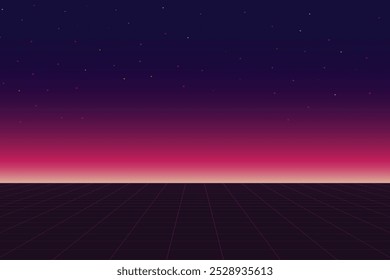 Pixel art background.8 bit juego. juego retro. para activos de juego en Ilustraciones vectoriales. Fondo de ciencia ficción de futurismo retro. rejilla de neón brillante. y estrellas de la Muestra gratis arcade vintage