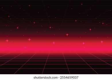 Pixel art background.8 bit game. Retro Futurism Sci-Fi Background. glowing neon grid and stars from vintage arcade comp