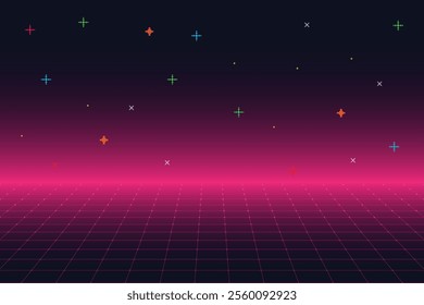 Pixel art background.8 bit game. retro game. for game assets in vector illustrations. Retro Futurism Sci-Fi Background. glowing neon grid. and stars from vintage arcade comp