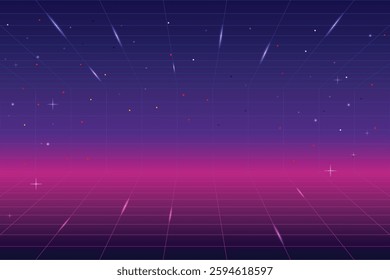 Pixel art background.8 bit game. retro game. for game assets in vector illustrations. Retro Futurism Sci-Fi Background. glowing neon grid. and stars from vintage arcade comp