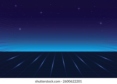 Pixel art background.8 bit game. retro game. for game assets in vector illustrations. Retro Futurism Sci-Fi Background. glowing neon grid. and stars from vintage arcade comp
