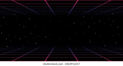 Pixel-Art-Hintergrund.8-Bit-Spiel.Retro-Spiel. für Game-Assets in Vektorillustrationen.Retro Futurismus Sci-Fi-Hintergrund. Glühendes Neon-Raster.und Sterne aus Vintage-Arcade-Layoutdatei	