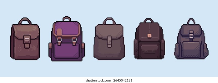 Pixel Art Backpack and Briefcase Collection, Travel and School Icons. versatile collection of five distinct pixel art bags, ranging from briefcases to backpacks in a classic retro video game
