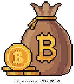 Bolsa de arte de píxel de bitcoin y criptomonedas. icono vector para juego de 8 bits en fondo blanco.
