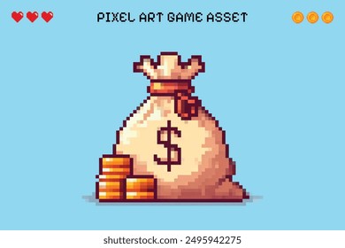 Pixel Art Bag of Coins Videospiel Asset Vektor isolierten Hintergrund 2D Sprite Blatt Zeichen Design Retro Vintage