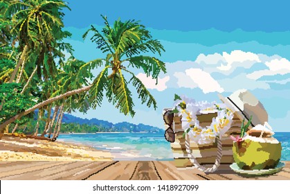 Pixel Art bag, sun glasses and coconut on a tropical beach 