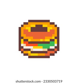 Pixel Art Bagel. Retro 8 bit Style Fast Food Bagel Sandwich Illustration. Ideal for Sticker, Retro Decorative Element, Game Asset, Emoji, or Cute Geek Avatar.