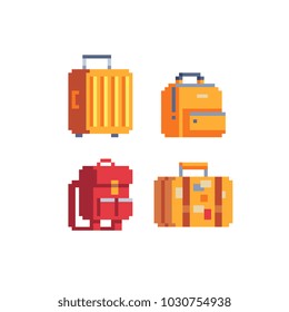 Pixel art  bags icon set suitcase and backpack isolated vector illustration. Women's accessories.  Design for stickers, logo, embroidery, mobile app.