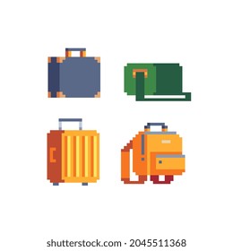 Pixel art  bags icon set suitcase and backpack isolated vector illustration. Women's accessories.  Design for stickers, logo, embroidery, mobile app.